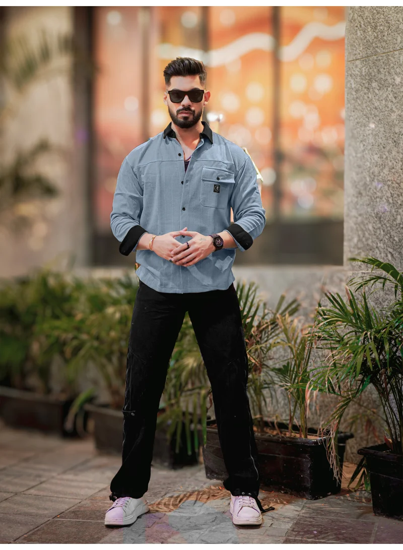 Maniac Maniac Mens Solid Collared Neck Full Sleeve Grey and Black Cotton Shirt