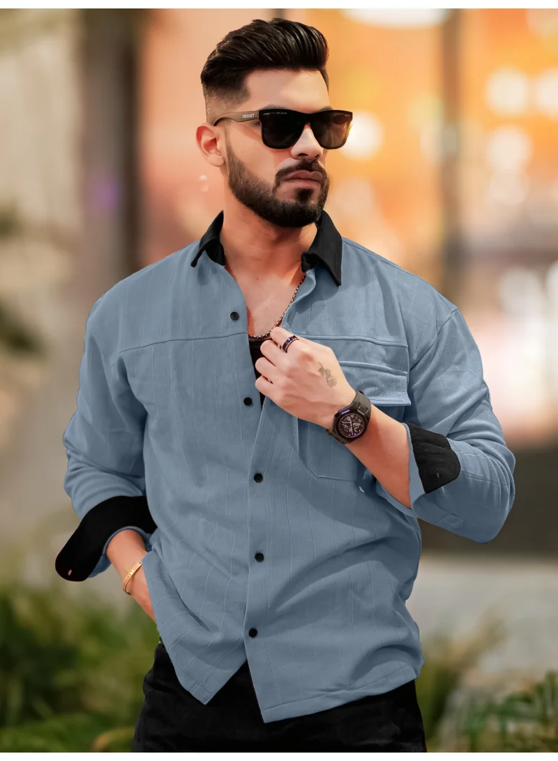 مانياك Maniac Mens Solid Collared Neck Full Sleeve Grey and Black Cotton Shirt