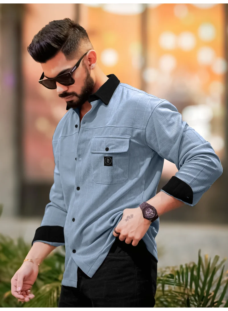 Maniac Maniac Mens Solid Collared Neck Full Sleeve Grey and Black Cotton Shirt