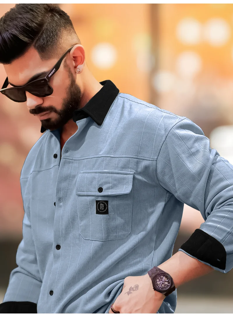مانياك Maniac Mens Solid Collared Neck Full Sleeve Grey and Black Cotton Shirt