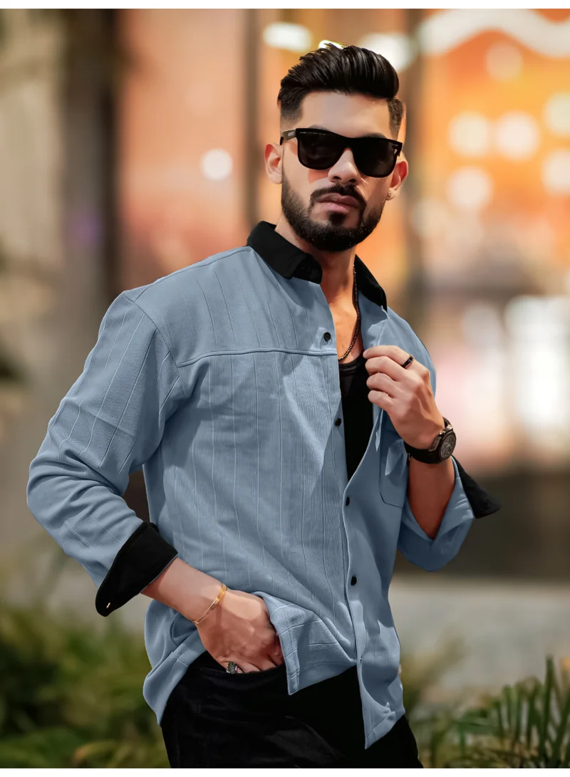 Maniac Maniac Mens Solid Collared Neck Full Sleeve Grey and Black Cotton Shirt