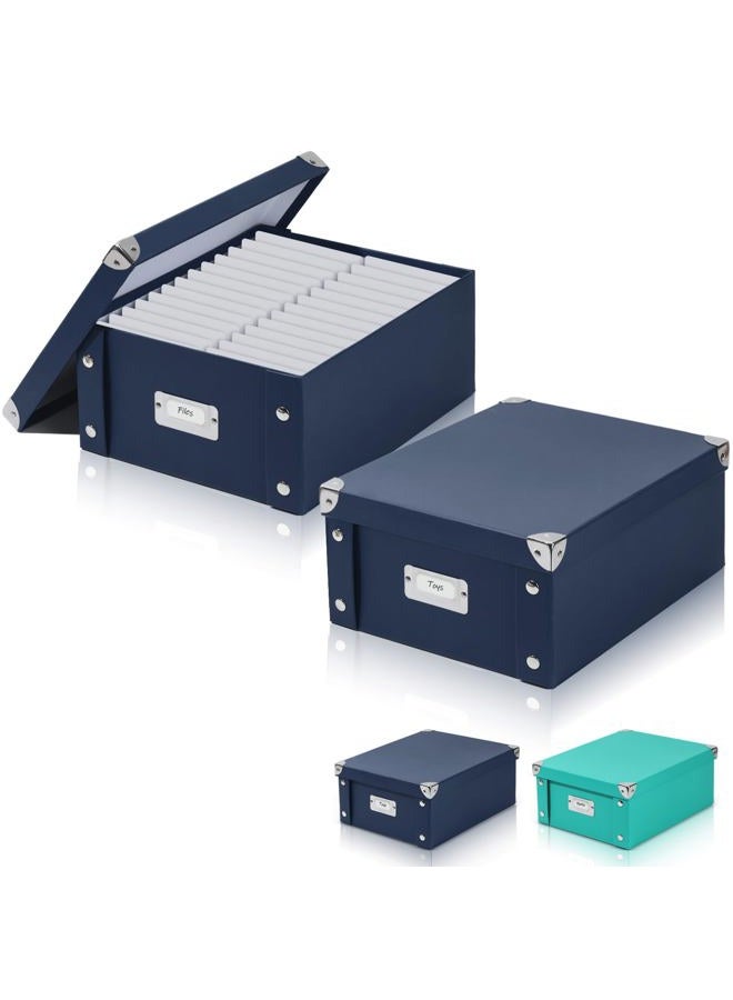 DLUGOPIS 2 Pcs Inch Checks Storage Box with Lid Document Boxes Document Bin Banker Boxes Foldable Receipt Box Storage Navy Blue Cardboard Record Boxes For Business Pesonal Books Files 12"x10"x5" - Image 1