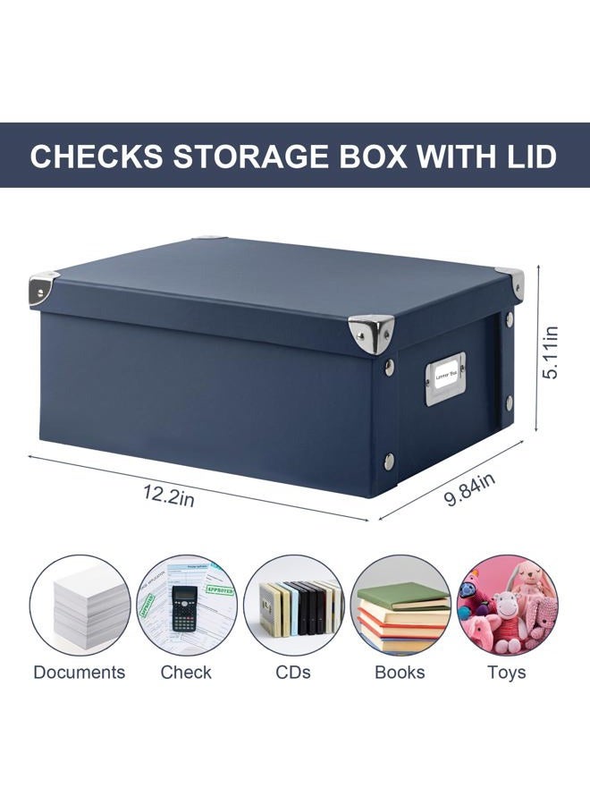 DLUGOPIS 2 Pcs Inch Checks Storage Box with Lid Document Boxes Document Bin Banker Boxes Foldable Receipt Box Storage Navy Blue Cardboard Record Boxes For Business Pesonal Books Files 12"x10"x5" - Image 5
