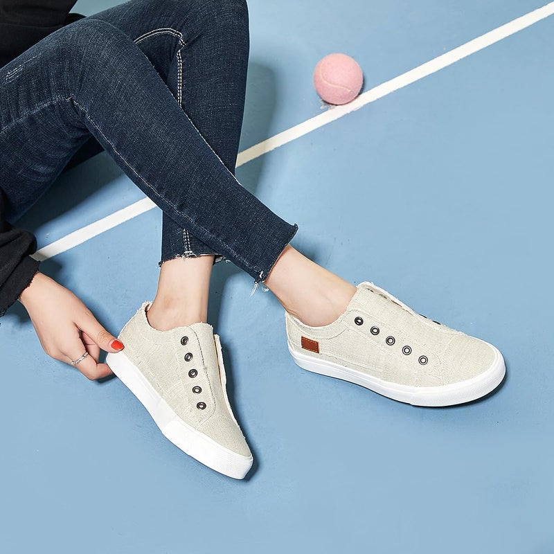 XRH Women's Slip on Shoes Non Slip Fashion Canvas Sneakers Low Top Casual Shoes(Beige,US8.5) - Image 3