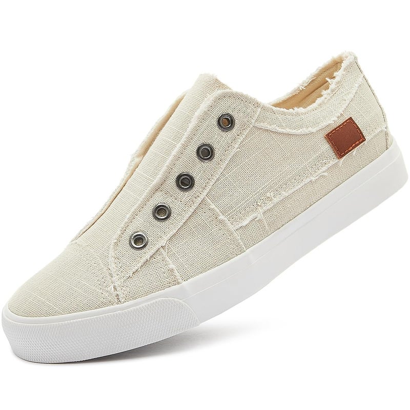 XRH Women's Slip on Shoes Non Slip Fashion Canvas Sneakers Low Top Casual Shoes(Beige,US8.5) - Image 1