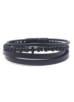 CHRYSOSTOMOS Handmade Leather Bracelet with Black Strap and Center Silver Stainless Steel Chain  - Image 1