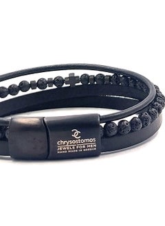 CHRYSOSTOMOS Handmade Leather Bracelet with Black Strap and Center Silver Stainless Steel Chain  - Image 2