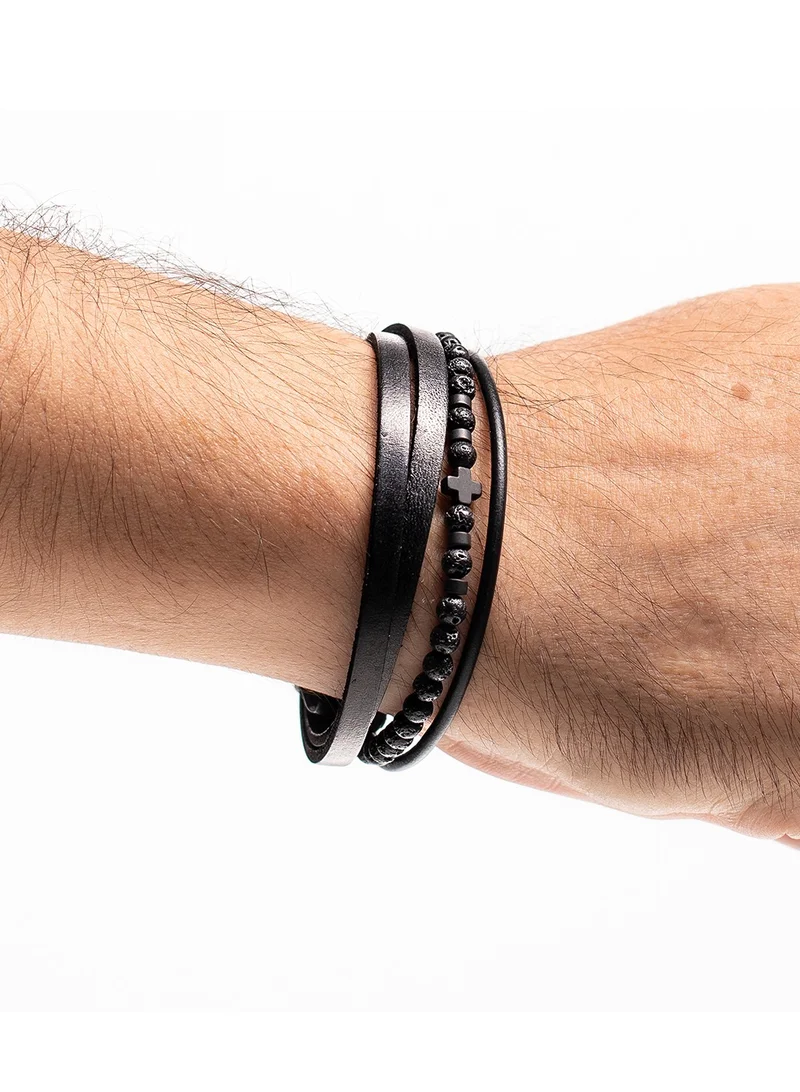 CHRYSOSTOMOS Handmade Leather Bracelet with Black Strap and Center Silver Stainless Steel Chain
