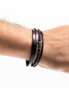 CHRYSOSTOMOS Handmade Leather Bracelet with Black Strap and Center Silver Stainless Steel Chain  - Image 3