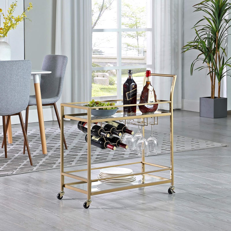 FirsTime  Co Gold Francesca Bar Cart 2 Tier Mobile Mini Bar Kitchen Serving Cart and Coffee Station with Storage for Wine and Glasses Metal and Glass Modern