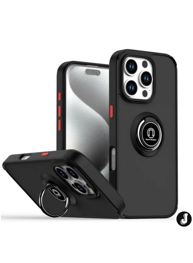 JAJEEK iPhone 16 Case Cover – Matte Black Shockproof Bumper with Metal Ring Holder Kickstand & Car Magnetic Mount - Image 1