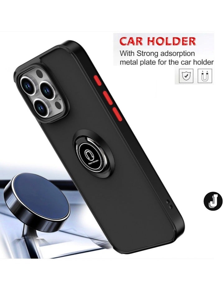 JAJEEK iPhone 16 Case Cover – Matte Black Shockproof Bumper with Metal Ring Holder Kickstand & Car Magnetic Mount - Image 3