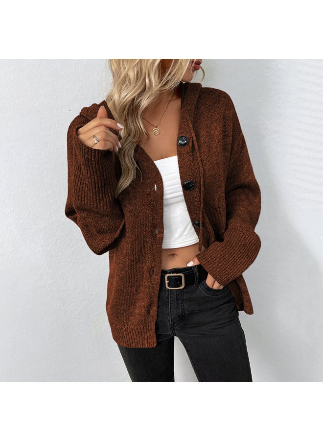 Women's Clothing Fashion Solid Color Single-breasted Drawstring Hooded Knitted Cardigan Sweater Coat Women's Fashion