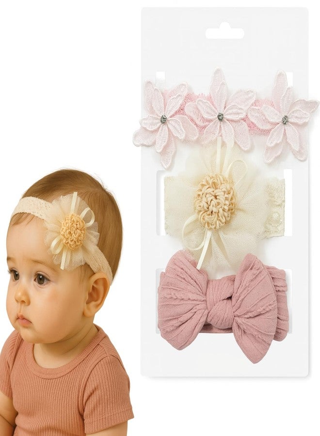 ANNACREATIONS ANNA CREATIONS 3 Pcs Baby Headbands – Soft Flower & Bow Shape Hair Bands for Baby Girls & Boys – Comfortable Elastic Patti Hair Accessories for Infants, Newborns & Toddlers - Image 1