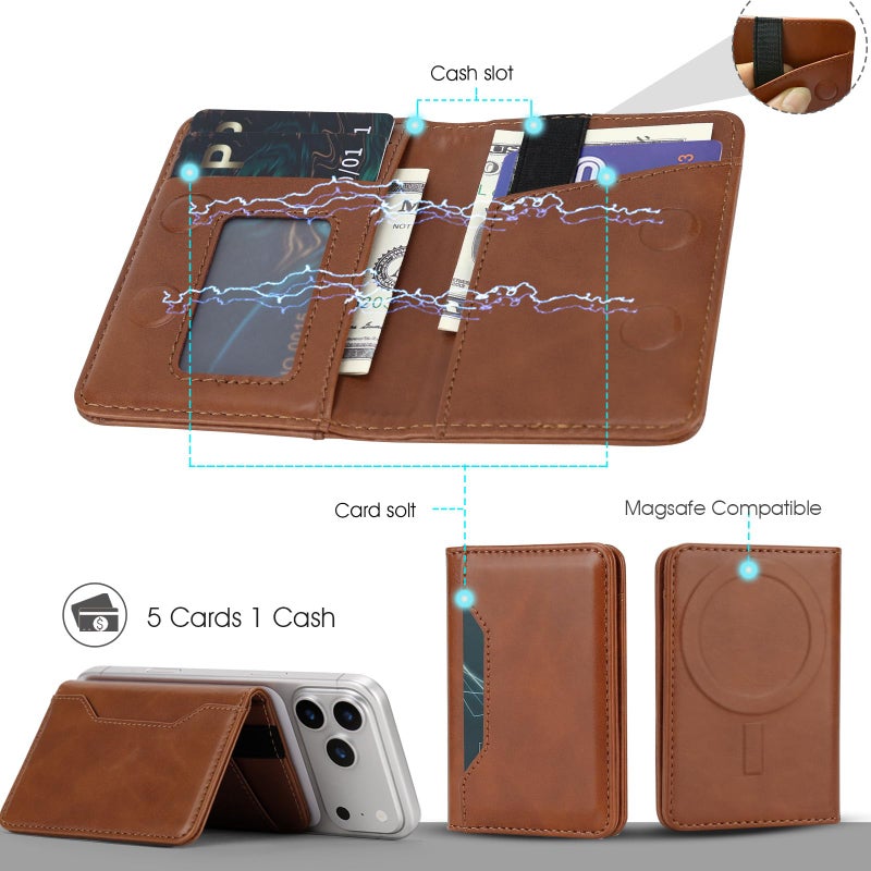 ASAPDOS For MagSafe Wallet,Magnetic Card Holder RFID Blocking Wallet with 5 Card Slots & Cash Pocket For iPhone 17/16/ 15/14/ 13/12/ Pro/Max/Plus/Air Brown - Image 2
