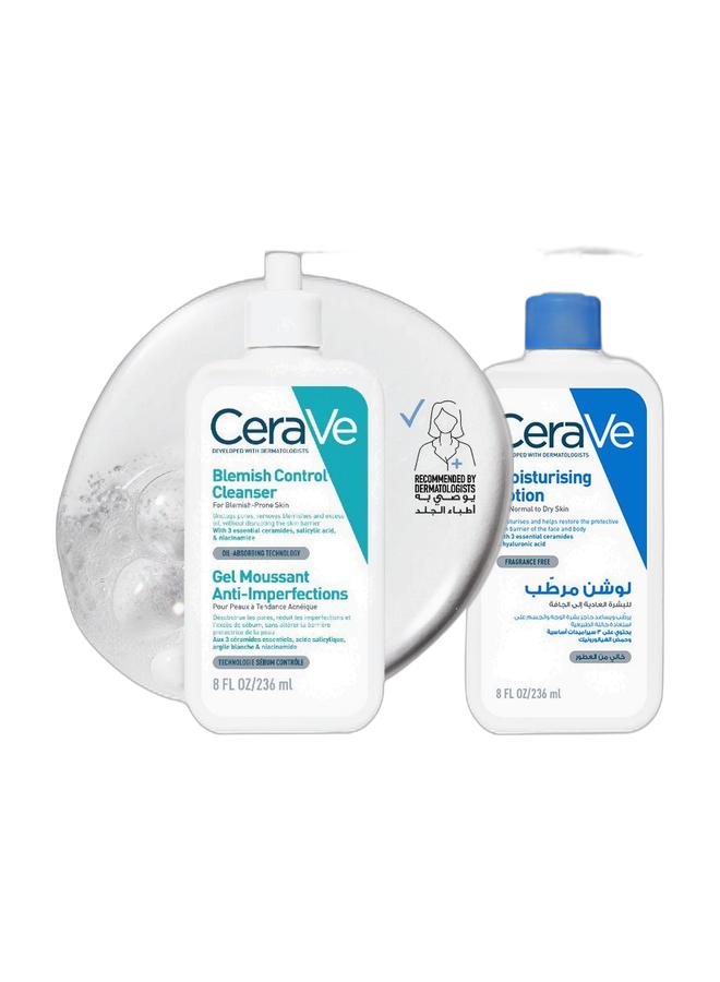 CeraVe Blemish Control Face Cleanser With 2% Salicylic Acid & Niacinamide For Acne & Blemish Prone Skin 236ml & Moisturising Lotion For Normal To Dry Skin With 3 Essential Ceramides white 236ml Bundle - Image 1