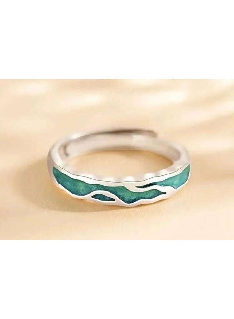 سيمهو خاتم نسائي أنيق، لون فضي مع إضافة لون أخضر مميز