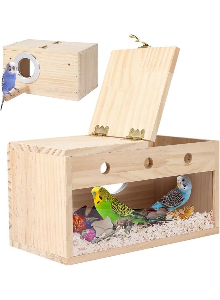 Arabest Wood Nest Parakeet Nesting Box Transparent Bird Nest Breeding Box with Perch Wood Bird House for Cage Budgie Love Birds Cockatiel Conure Finch Parrot Small to Medium Birds - Image 1