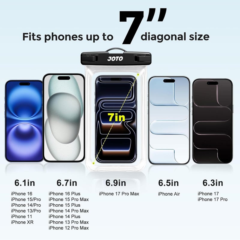 JOTO 2 Pack Waterproof Phone Pouch Cellphone Dry Bag Case for iPhone 17 Air 16 15 14 13 12 Pro Plus Max XR X 8 7 6S SE, Galaxy S23 S22 S22+ S21 up to 7" -Black/Clear - Image 4