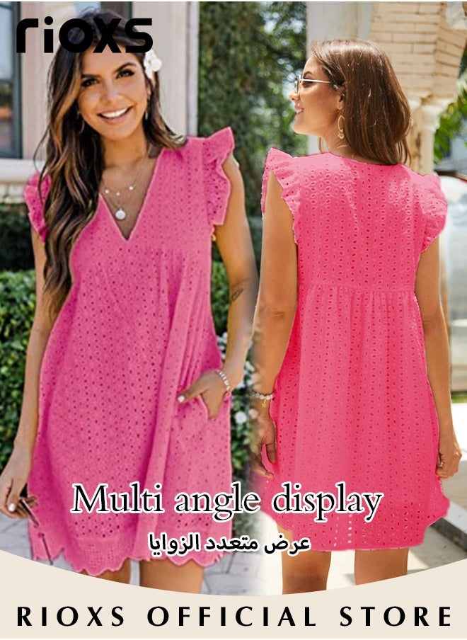 RIOXS Women Mini Dress, V-Neck Sleeveless Dress with Back Zipper, Lace Up Smocking Ruffle Short Slip Dress, Elegant Summer Dress, Suitable for Beach Vacation, Party, Swimpool and Daily Life  - Image 3