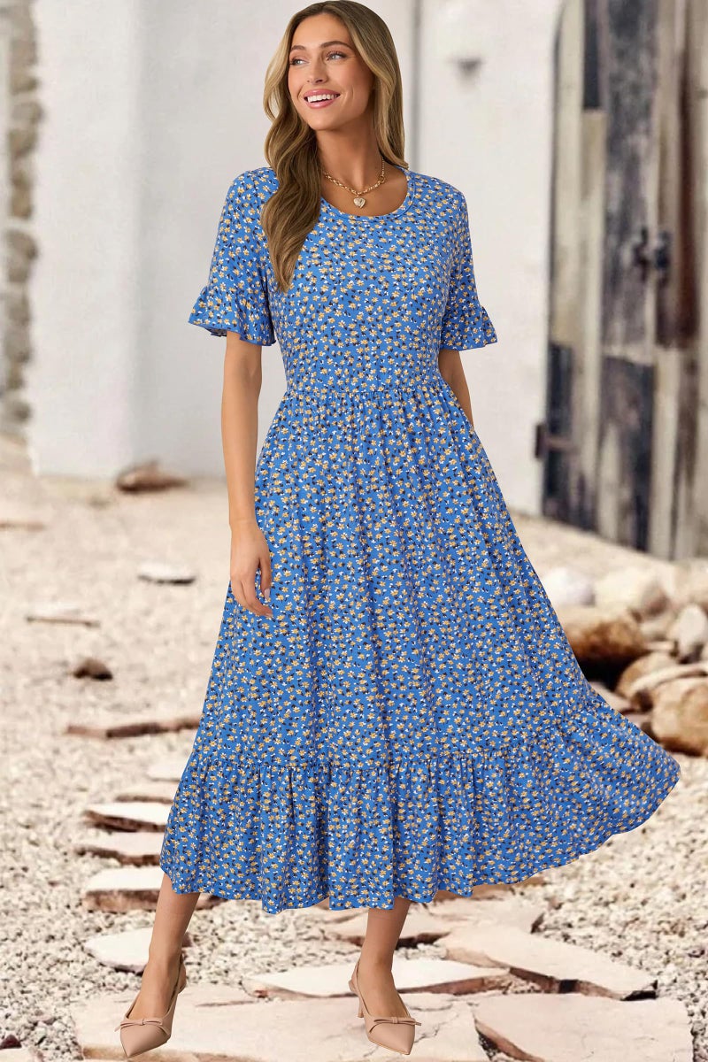 STYLEWORD Women's Summer 2025 Casual Short Sleeve Tiered Flowy Spring Dress Long Midi Beach Sundress Vacation Outfits(Floral07,L) - Image 2