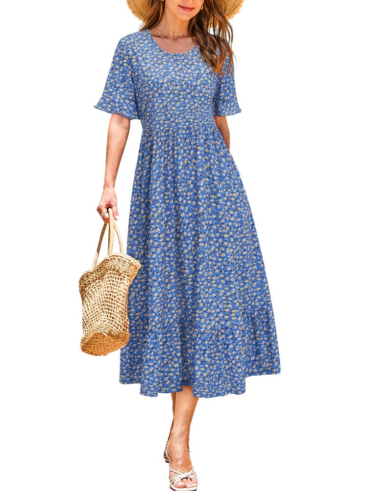 STYLEWORD Women's Summer 2025 Casual Short Sleeve Tiered Flowy Spring Dress Long Midi Beach Sundress Vacation Outfits(Floral07,L) - Image 1