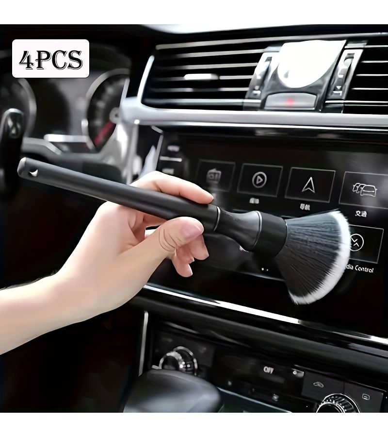 4 Piece Black Car Interior Detailing Brush Set Soft Bristle Cleaning Tools - Image 1