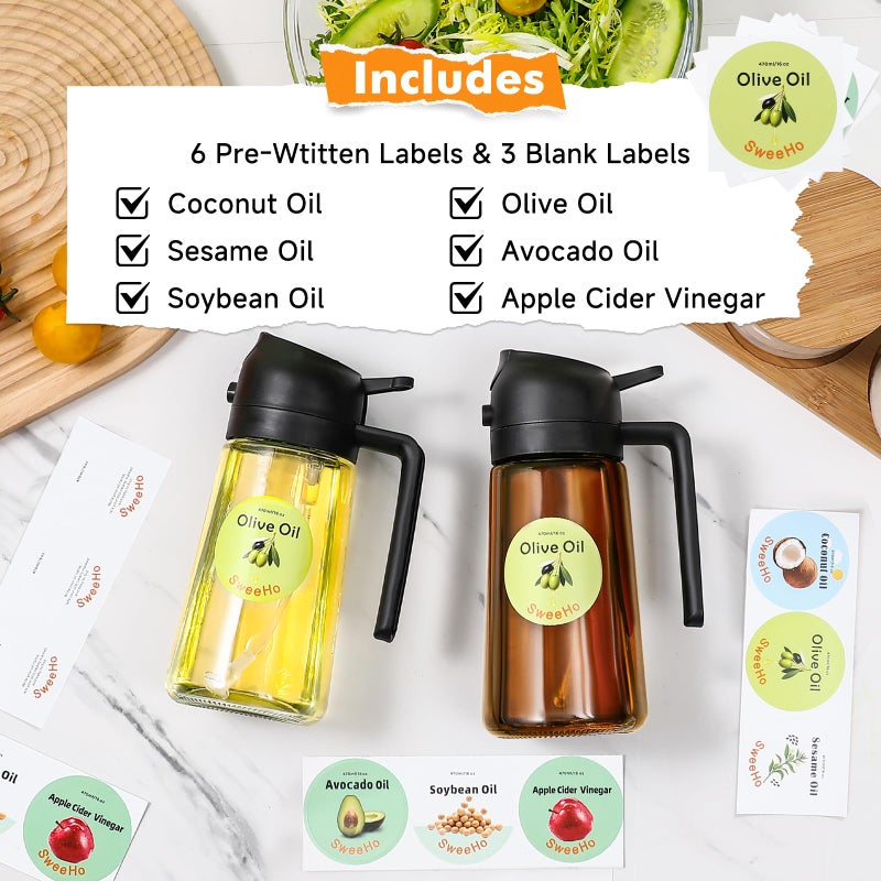 SweeHo Oil Sprayer for Cooking,470ml Cooking Olive Oil Sprayer and Oil Dispenser 2 In 1, Food-grade Glass Oil Spray Bottle Mister for Air Fryer, BBQ, Griddle (Black+dark brown glass and color label) - Image 5