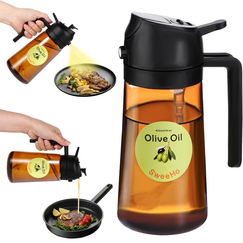 SweeHo Oil Sprayer for Cooking,470ml Cooking Olive Oil Sprayer and Oil Dispenser 2 In 1, Food-grade Glass Oil Spray Bottle Mister for Air Fryer, BBQ, Griddle (Black+dark brown glass and color label) - Image 1