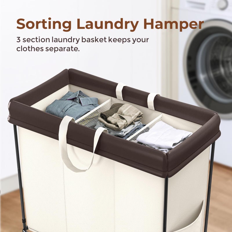 Mefirt 320L Laundry Hamper with Wheels, 3 Section Large Rolling Laundry Basket Bag with Wheels, Clothes Hamper Cart for Laundry, Bedroom, Bathroom and Dorm - Image 3