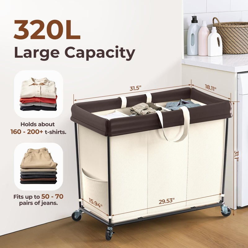 Mefirt 320L Laundry Hamper with Wheels, 3 Section Large Rolling Laundry Basket Bag with Wheels, Clothes Hamper Cart for Laundry, Bedroom, Bathroom and Dorm - Image 2