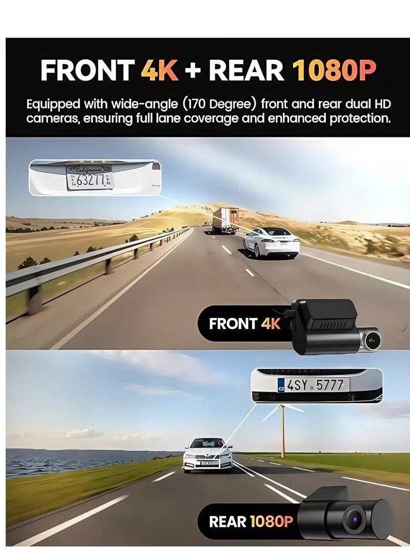 4K+1080P Ultra-HD Dual-Lens Front-Rear Drive Recorder | 128GB Storage WiFi Smart Control | Night Vision Parking Monitor
