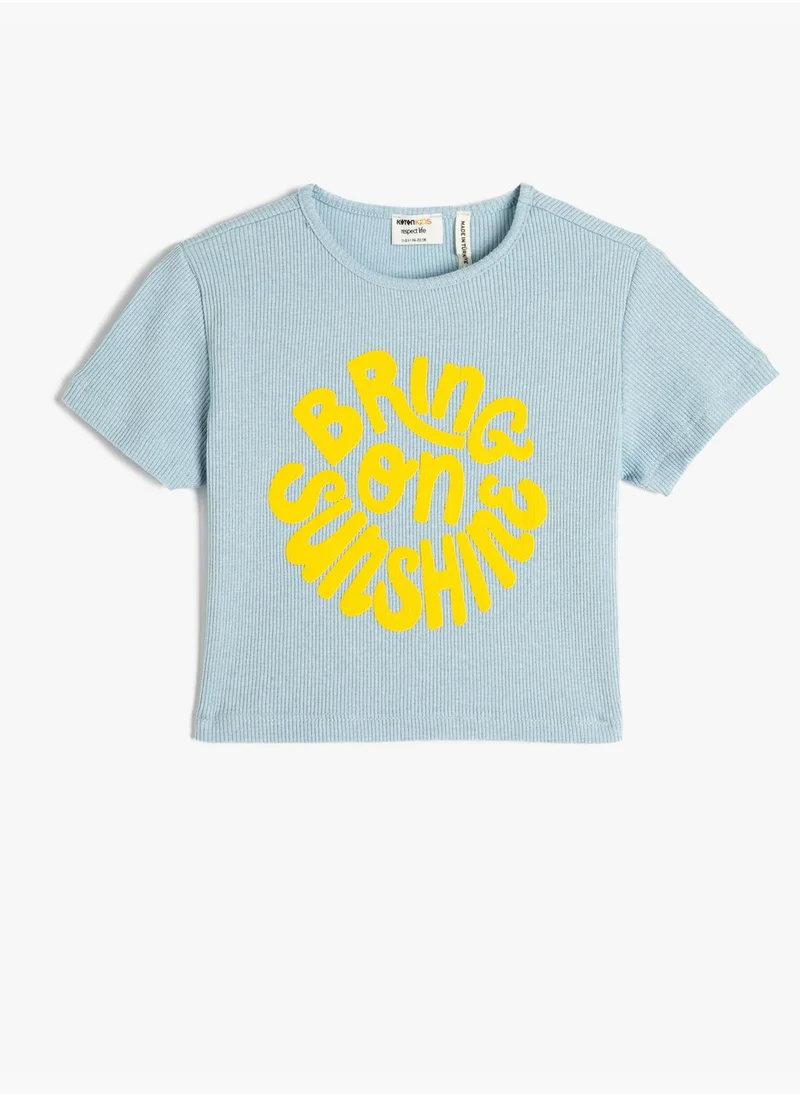 KOTON Crop T-Shirt Short Sleeve Crew Neck Printed Ribbed