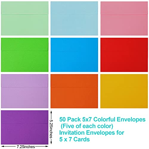 Joyberg 50 Pack Colored Envelope, 5x7 Envelopes, A7 Envelopes for Invitations, Printable Invitation Envelope for Weddings, Invitations, Photos, Postcards, Greeting Cards, Mailing - Image 2