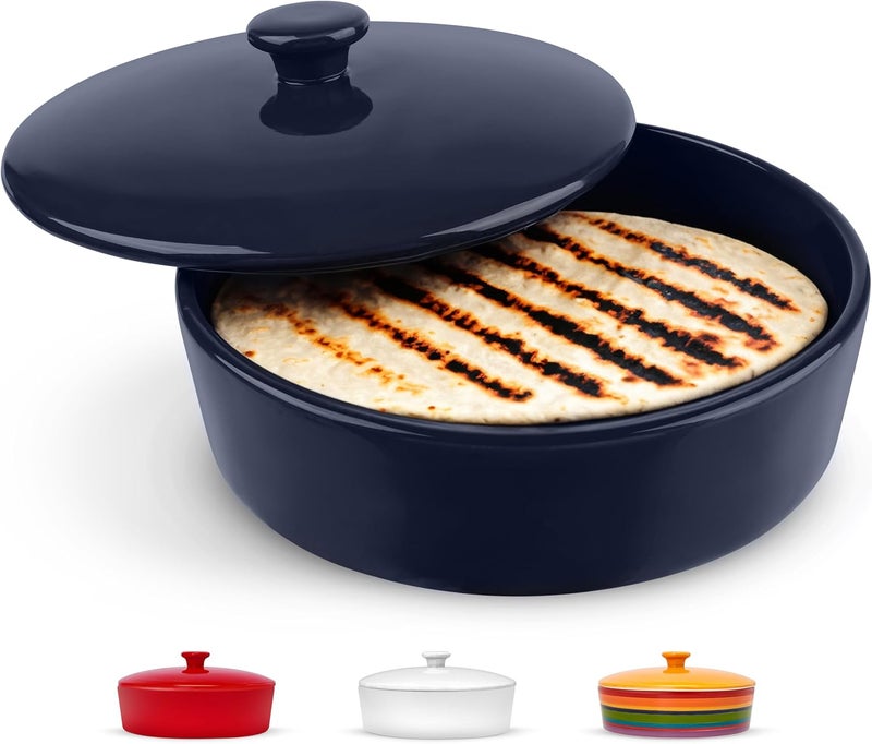 Kook Tortilla Warmer, Tortilla Holder, Taco Bar, Ceramic Hand-painted with Lid, Authentic, Microwavable Storage Container, Dishwasher Safe, 8.5 Inch, Navy Blue - Image 1