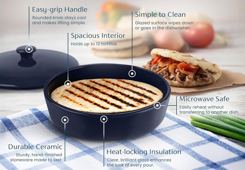 Kook Tortilla Warmer, Tortilla Holder, Taco Bar, Ceramic Hand-painted with Lid, Authentic, Microwavable Storage Container, Dishwasher Safe, 8.5 Inch, Navy Blue - Image 2