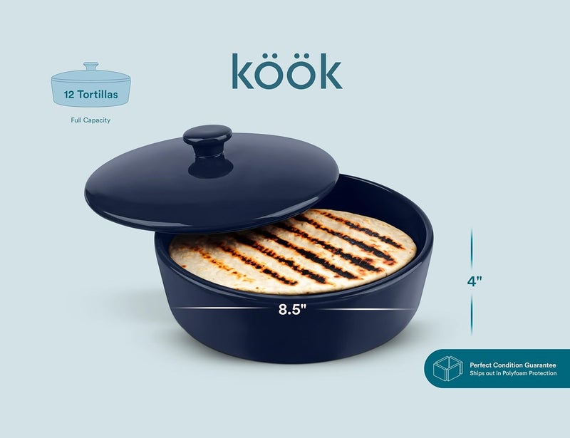 Kook Tortilla Warmer, Tortilla Holder, Taco Bar, Ceramic Hand-painted with Lid, Authentic, Microwavable Storage Container, Dishwasher Safe, 8.5 Inch, Navy Blue - Image 4