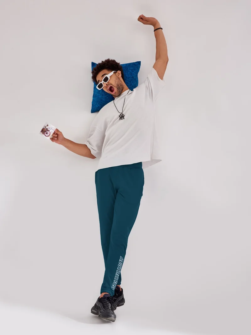 Maniac  Maniac Mens Printed 95% Polyester 5% Lycra French Terry fabric Denim Blue Slim Fit Trackpant for Men | Best Price UAE