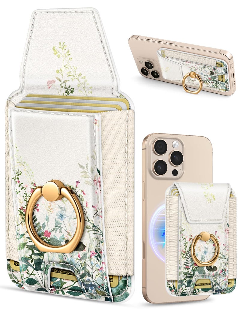 Shorogyt Compatible with Magsafe Wallet with Grip Magnetic Card Holder - Cute Phone Wallets with Ring Stand for iPhone 17/16/15/14/13/12 Series for Women Girls Ink Bouquet Design, Fit 7 Cards - Image 1