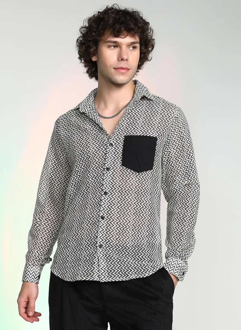 Campus Sutra Men's Onyx Black & Cream White Zig-Zag Block Shirt