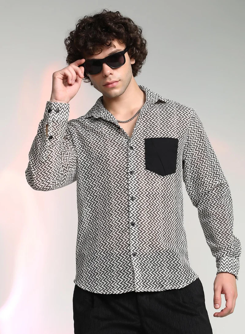 Campus Sutra Men's Onyx Black & Cream White Zig-Zag Block Shirt
