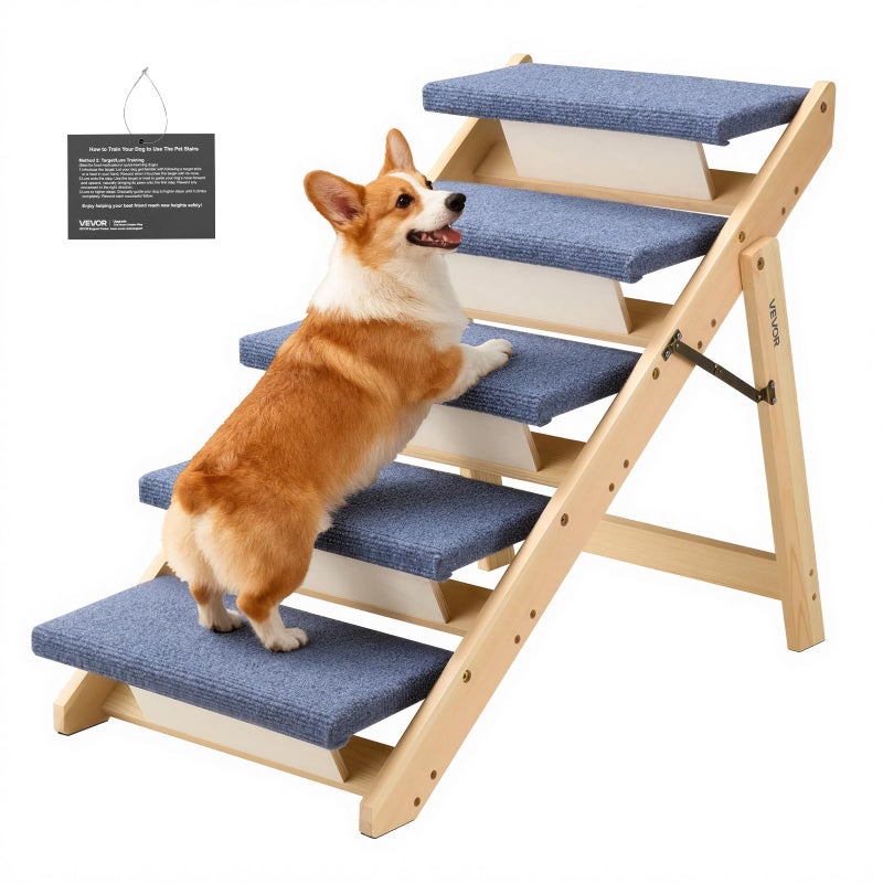 VEVOR Wood Pet Stairs, 5-Step Dog Stairs for Beds, Sofa & Cars, 150lbs Load Capacity, Floded Flat Design, Stable & Sturdy Cat & Dog Step Ladder for Small Medium Large Older Pet Puppy Essentials - Image 1