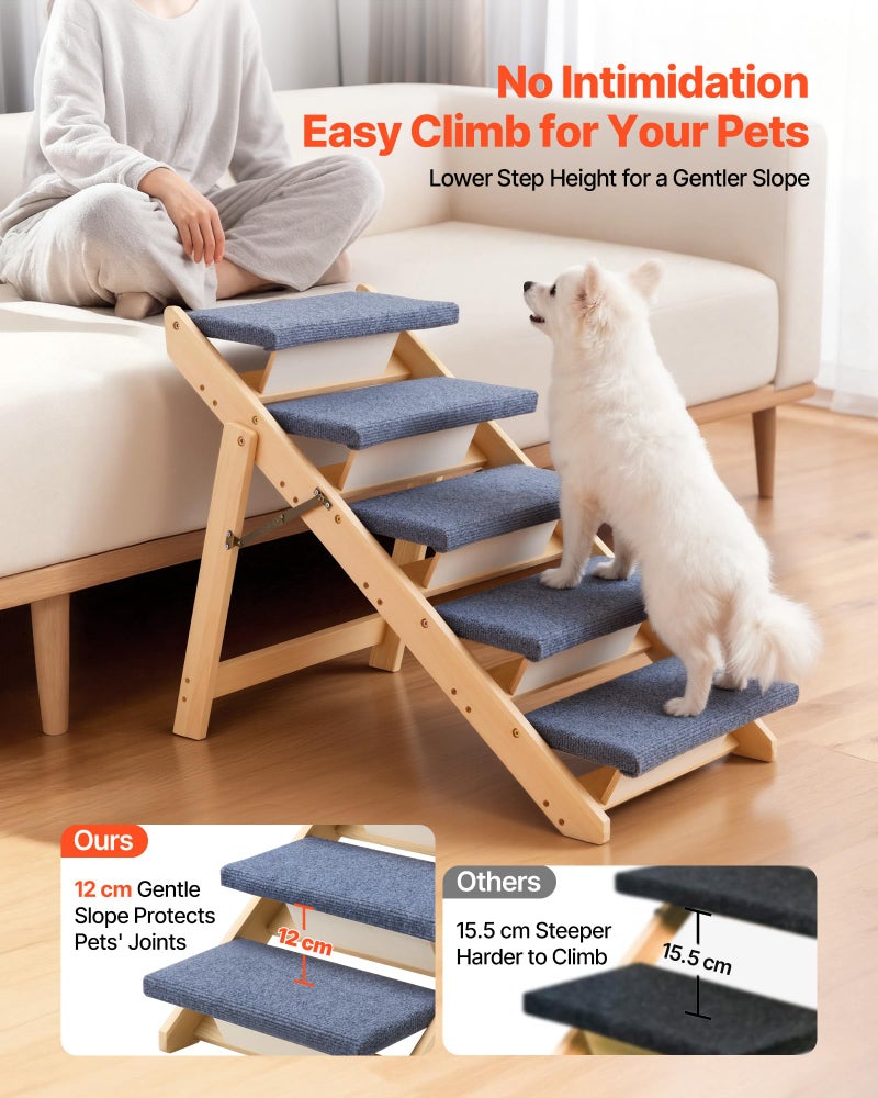 VEVOR Wood Pet Stairs, 5-Step Dog Stairs for Beds, Sofa & Cars, 150lbs Load Capacity, Floded Flat Design, Stable & Sturdy Cat & Dog Step Ladder for Small Medium Large Older Pet Puppy Essentials - Image 2