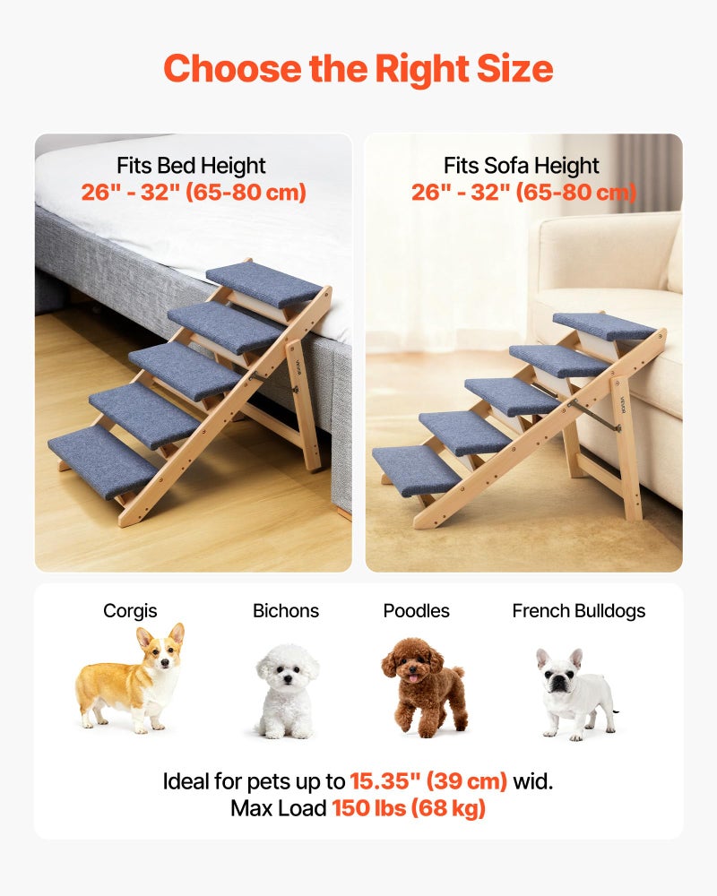 VEVOR Wood Pet Stairs, 5-Step Dog Stairs for Beds, Sofa & Cars, 150lbs Load Capacity, Floded Flat Design, Stable & Sturdy Cat & Dog Step Ladder for Small Medium Large Older Pet Puppy Essentials - Image 5