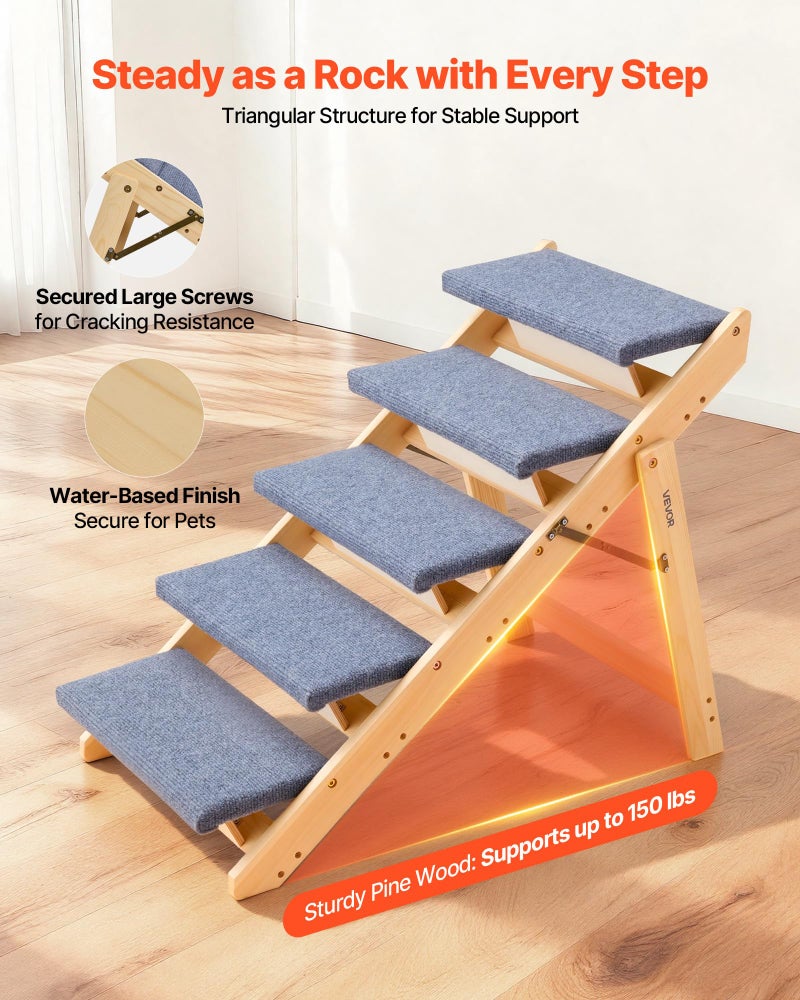 VEVOR Wood Pet Stairs, 5-Step Dog Stairs for Beds, Sofa & Cars, 150lbs Load Capacity, Floded Flat Design, Stable & Sturdy Cat & Dog Step Ladder for Small Medium Large Older Pet Puppy Essentials - Image 3