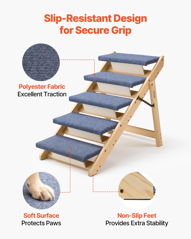 VEVOR Wood Pet Stairs, 5-Step Dog Stairs for Beds, Sofa & Cars, 150lbs Load Capacity, Floded Flat Design, Stable & Sturdy Cat & Dog Step Ladder for Small Medium Large Older Pet Puppy Essentials - Image 4