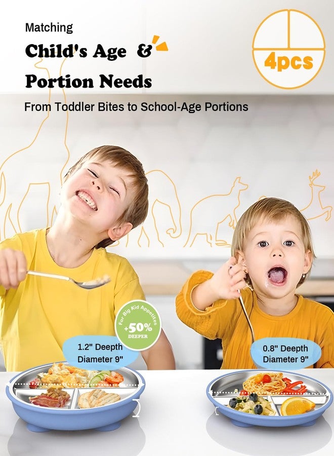 Bakpoco Stainless Steel Toddler Suction Plate with Lid, Deepened 9" Divided Plates with Removable Silicone Sleeves for Kids, Non Toxic Unbreakable Snack Dishes Set of 4, Sage Blue Beige Lilac - Image 2