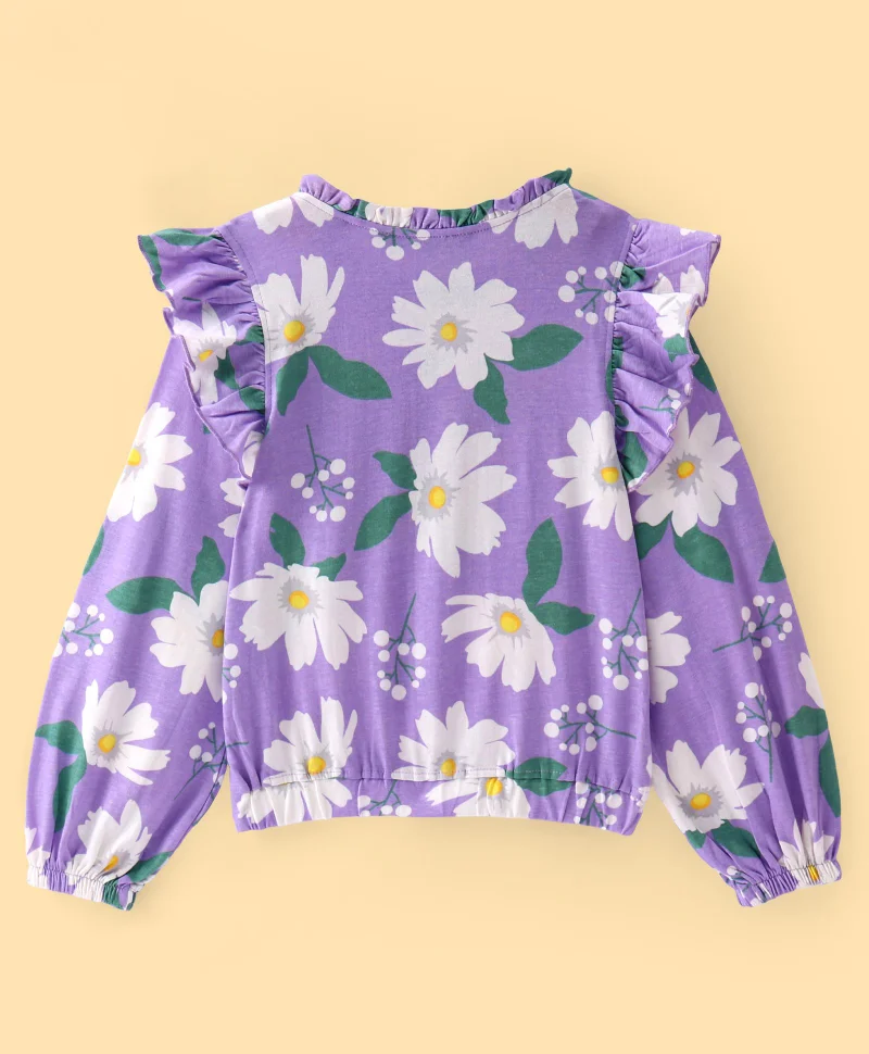 Pine Kids Pine Kids Cotton Knit Full Sleeves Floral Printed Top with Frill Detailing - Multicolor