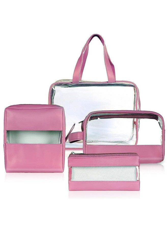 Hexwell Set of 4 Multipurpose Transparent Travel Pouch Makeup Toiletry Kit Bag, Cosmetic Pouch for Women Makeup Organizer Bag, Shaving Kit Toiletry Bag for Women - Pink Coloe - Image 1