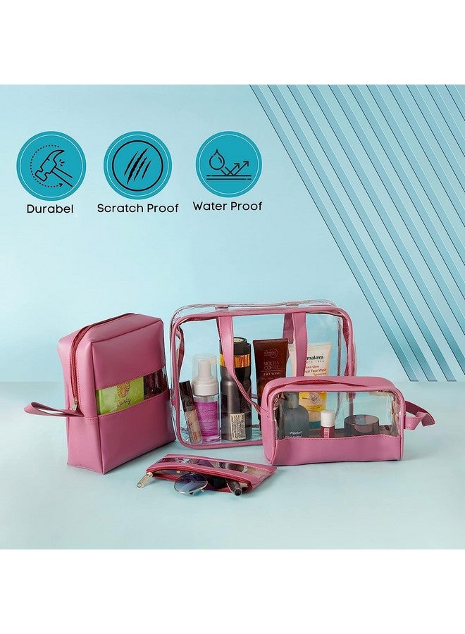 Hexwell Set of 4 Multipurpose Transparent Travel Pouch Makeup Toiletry Kit Bag, Cosmetic Pouch for Women Makeup Organizer Bag, Shaving Kit Toiletry Bag for Women - Pink Coloe - Image 5